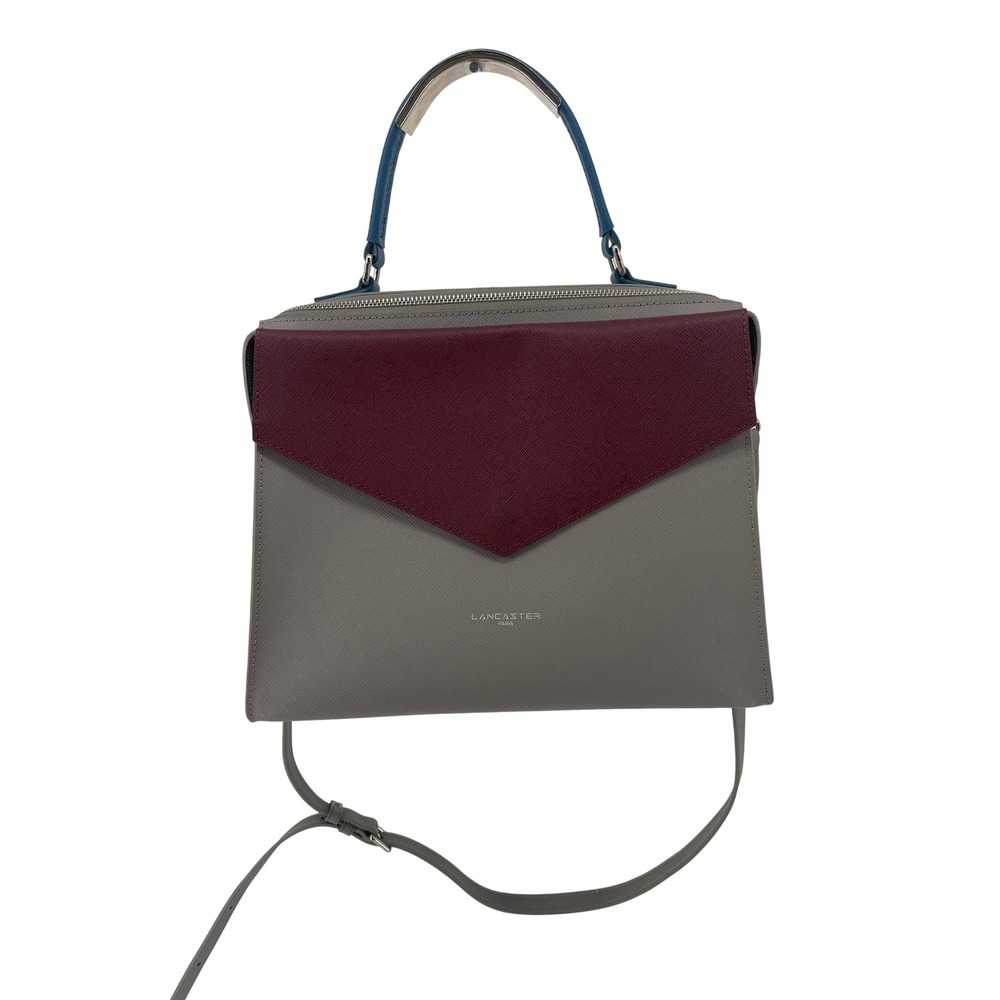 Lancaster Paris Colorblock Saffiano Leather Structured Satchel Bag grey burgundy
